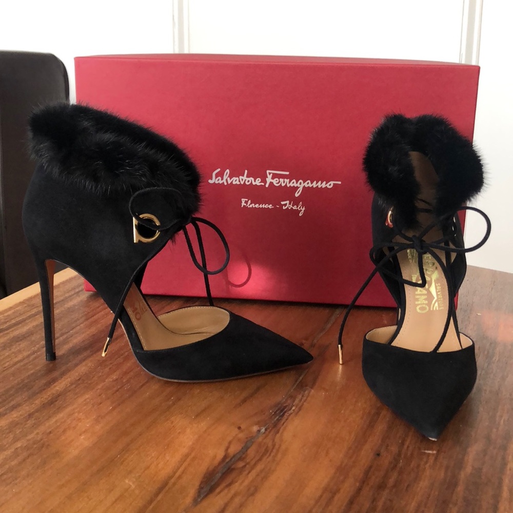 Salvatore Ferragamo suede & mink Francesca Pumps